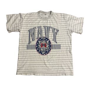 Vintage 90s US Navy Crest Striped T-Shirt Gray White Large Single Stitch